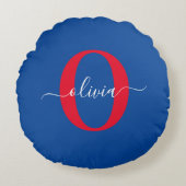 Aangepaste monogram scriptnaam Blauw rood Rond Kussen (Voorkant)
