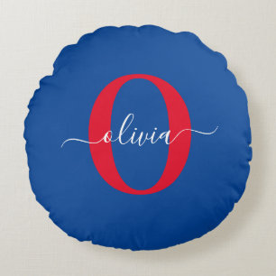 Aangepaste monogram scriptnaam Blauw rood Rond Kussen