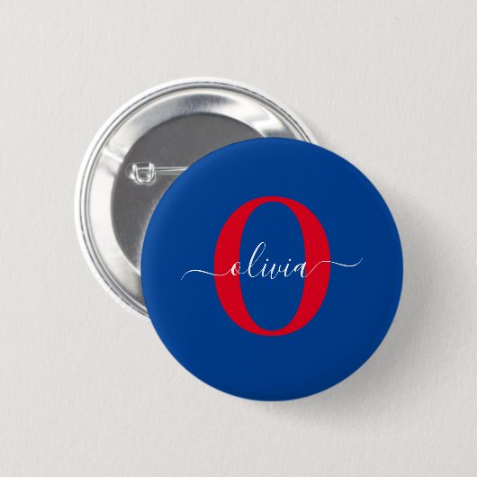 Aangepaste monogram scriptnaam Blauw rood Ronde Button 5,7 Cm (Voorkant /achterkant)
