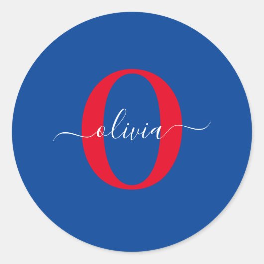 Aangepaste monogram scriptnaam Blauw rood Ronde Sticker (Voorkant)