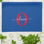 Aangepaste monogram scriptnaam Blauw rood Theedoek (Gevouwen)