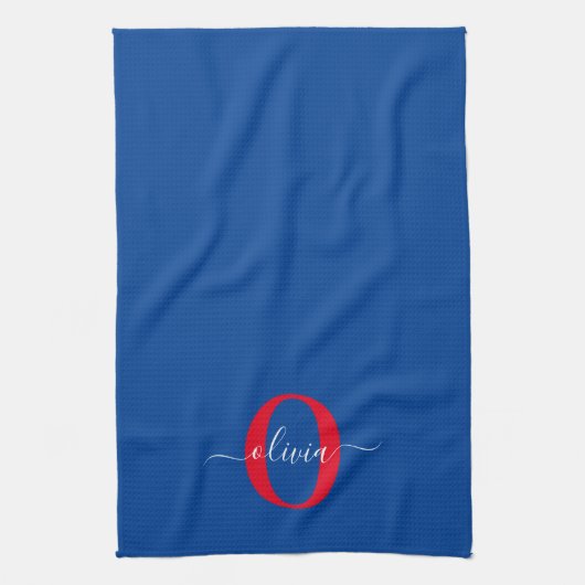 Aangepaste monogram scriptnaam Blauw rood Theedoek (Verticaal)