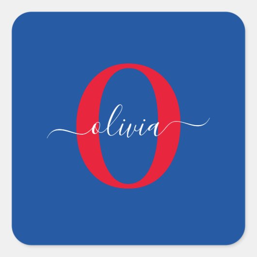 Aangepaste monogram scriptnaam Blauw rood Vierkante Sticker (Voorkant)