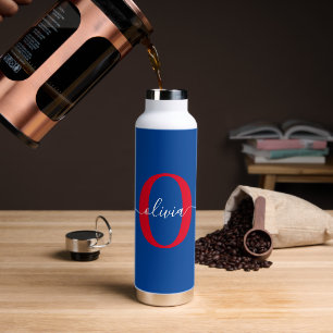 Aangepaste monogram scriptnaam Blauw rood Waterfles
