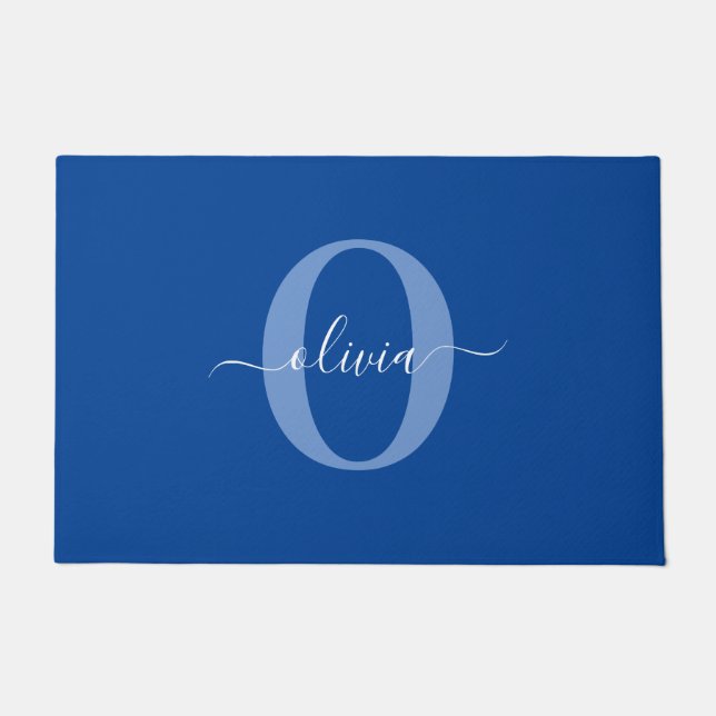 Aangepaste monogram scriptnaam Blauw Wit Deurmat (Voorkant)