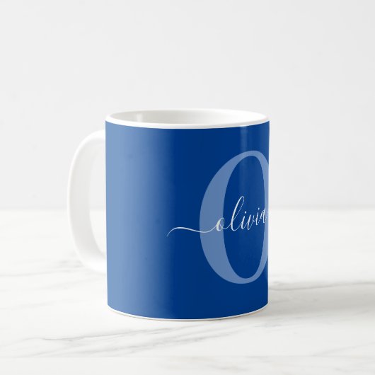 Aangepaste monogram scriptnaam Blauw Wit Koffiemok (Voorkant links)