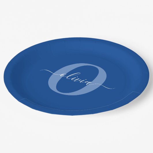 Aangepaste monogram scriptnaam Blauw Wit Papieren Bordje (Gekanteld)