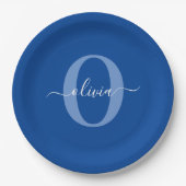 Aangepaste monogram scriptnaam Blauw Wit Papieren Bordje (Voorkant)