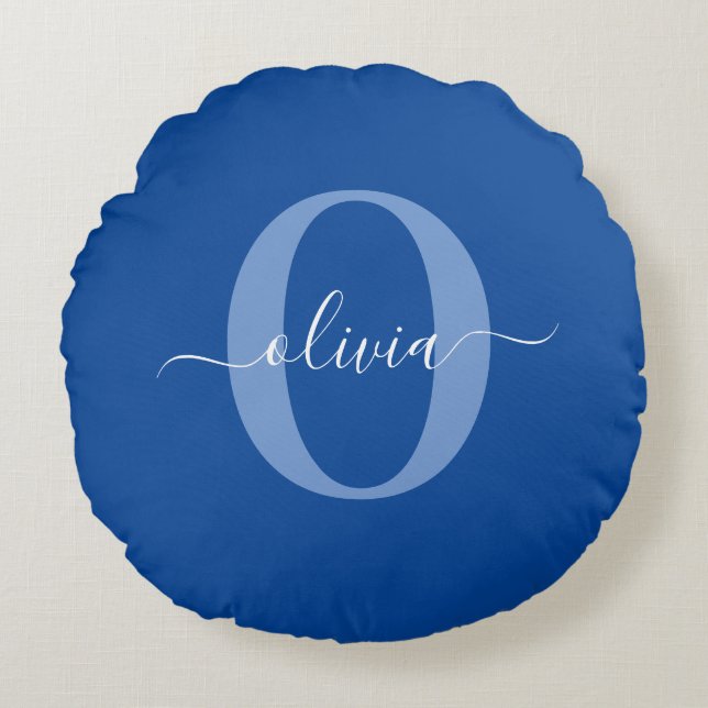 Aangepaste monogram scriptnaam Blauw Wit Rond Kussen (Voorkant)