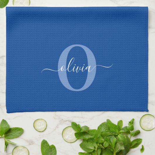 Aangepaste monogram scriptnaam Blauw Wit Theedoek (Gevouwen)