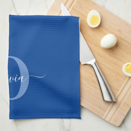 Aangepaste monogram scriptnaam Blauw Wit Theedoek (Quarter Fold)