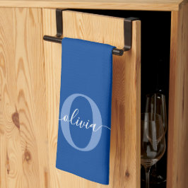 Aangepaste monogram scriptnaam Blauw Wit Theedoek