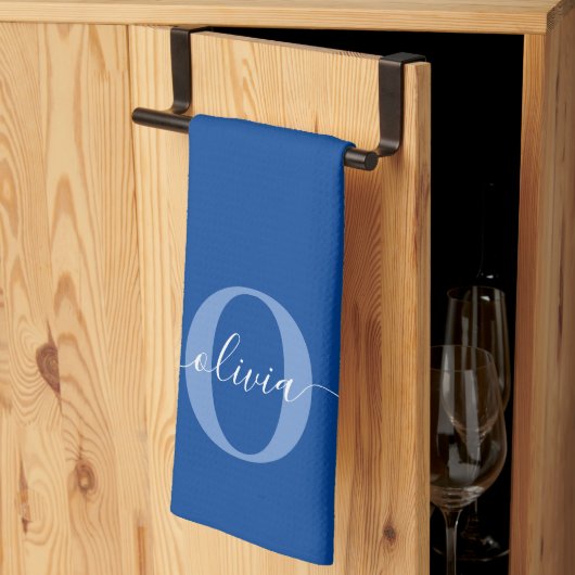 Aangepaste monogram scriptnaam Blauw Wit Theedoek (Derde Gevouwen)