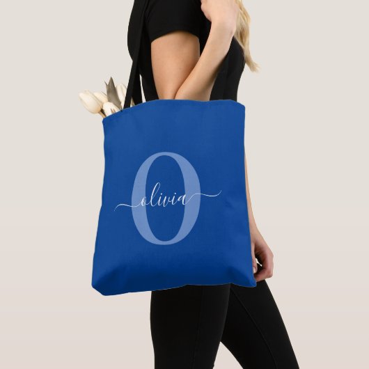 Aangepaste monogram scriptnaam Blauw Wit Tote Bag (Dichtbij)