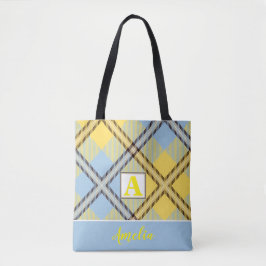 Aangepaste monogram scriptnaam Chic Blue Tartan Tote Bag