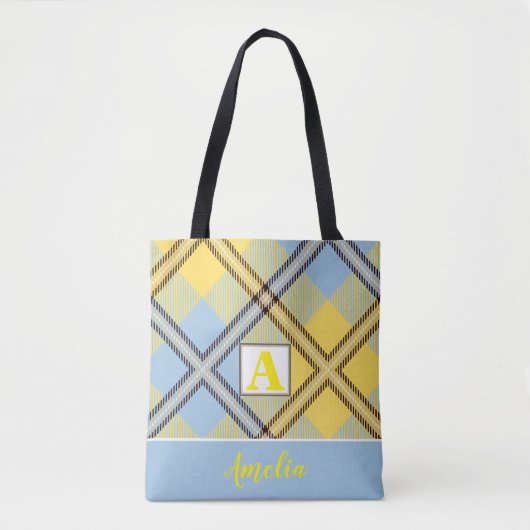 Aangepaste monogram scriptnaam Chic Blue Tartan Tote Bag (Voorkant)