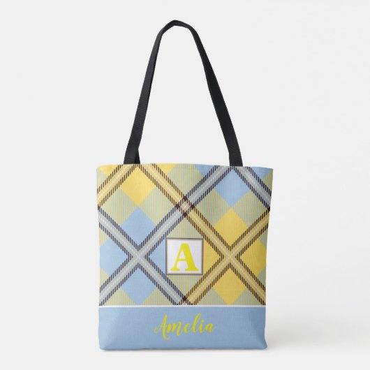 Aangepaste monogram scriptnaam Chic Blue Tartan Tote Bag (Achterkant)