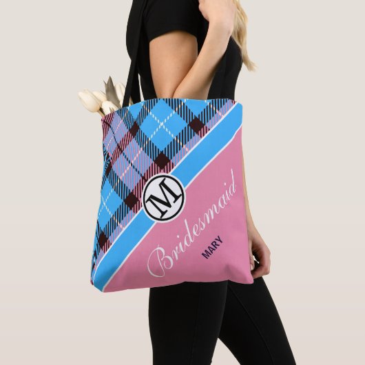 Aangepaste monogram scriptnaam Chic Tartan Bridesm Tote Bag (Dichtbij)