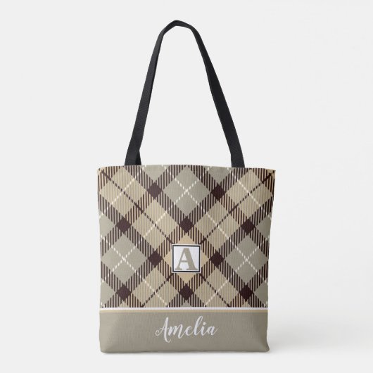 Aangepaste monogram scriptnaam grijs Tartan Tote Bag (Achterkant)