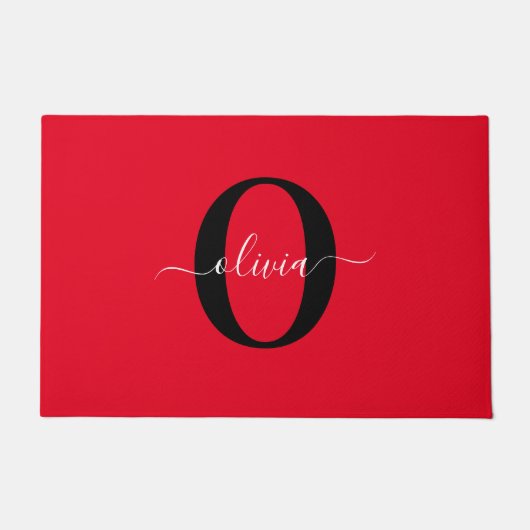 Aangepaste monogram scriptnaam rood zwart wit deurmat (Voorkant)