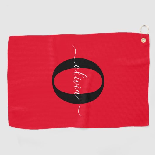 Aangepaste monogram scriptnaam rood zwart wit golfhanddoek (Horizontaal)