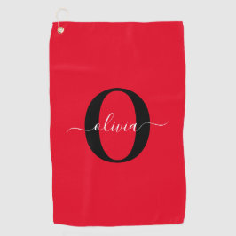 Aangepaste monogram scriptnaam rood zwart wit golfhanddoek