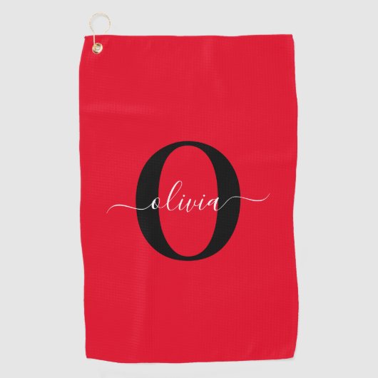 Aangepaste monogram scriptnaam rood zwart wit golfhanddoek (Voorkant)