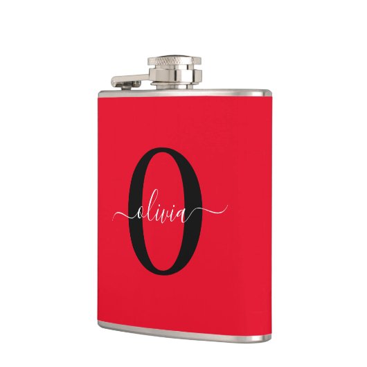 Aangepaste monogram scriptnaam rood zwart wit heupfles (Links)