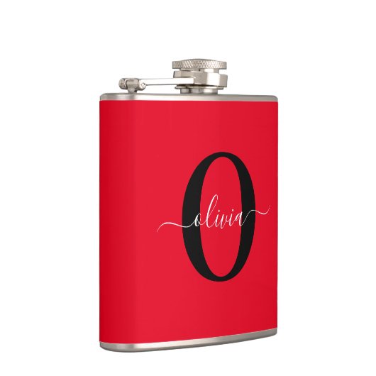 Aangepaste monogram scriptnaam rood zwart wit heupfles (Rechts)