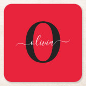 Aangepaste monogram scriptnaam rood zwart wit kartonnen onderzetters (Voorkant)