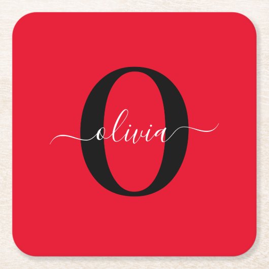 Aangepaste monogram scriptnaam rood zwart wit kartonnen onderzetters (Voorkant)