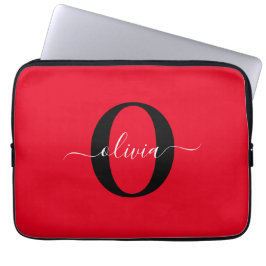 Aangepaste monogram scriptnaam rood zwart wit laptop sleeve