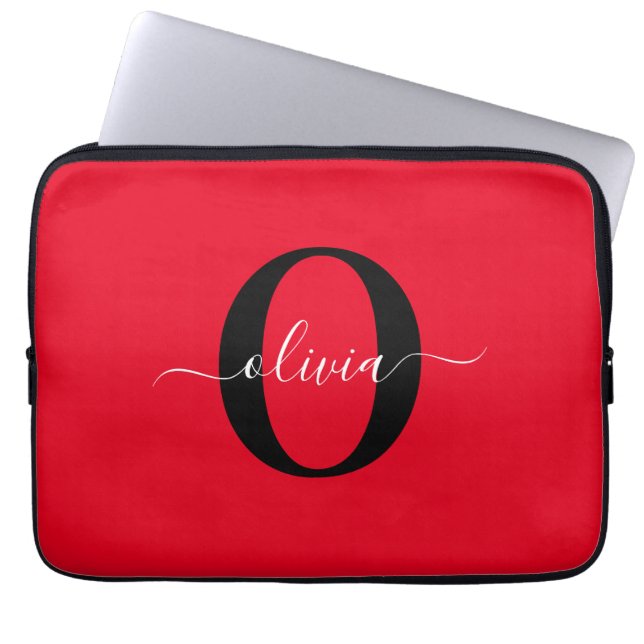 Aangepaste monogram scriptnaam rood zwart wit laptop sleeve (Voorkant)