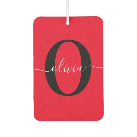 Aangepaste monogram scriptnaam rood zwart wit luchtverfrisser (Voorkant)
