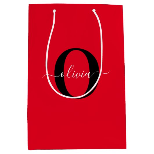 Aangepaste monogram scriptnaam rood zwart wit medium cadeauzakje (Voorkant)