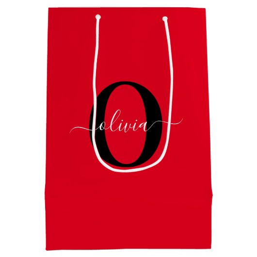 Aangepaste monogram scriptnaam rood zwart wit medium cadeauzakje (Achterkant)