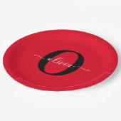 Aangepaste monogram scriptnaam rood zwart wit papieren bordje (Gekanteld)