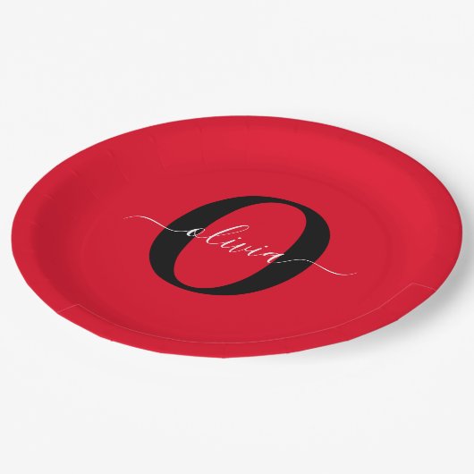 Aangepaste monogram scriptnaam rood zwart wit papieren bordje (Gekanteld)