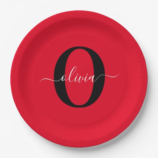 Aangepaste monogram scriptnaam rood zwart wit papieren bordje (Voorkant)