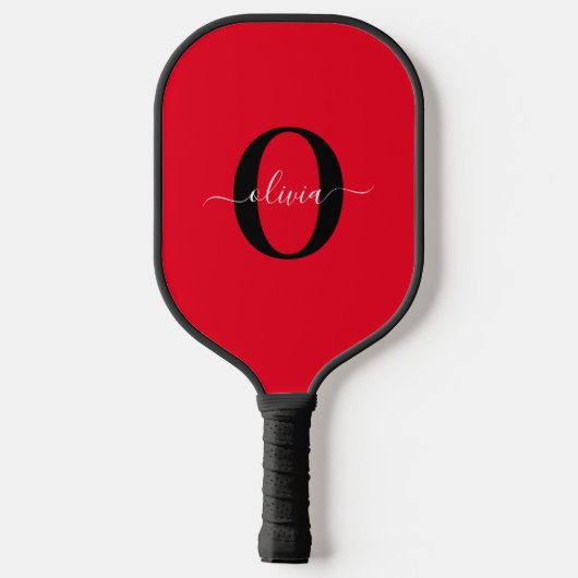 Aangepaste monogram scriptnaam rood zwart wit pickleball paddle (Achterkant)