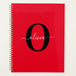 Aangepaste monogram scriptnaam rood zwart wit planner<br><div class="desc">Dit elegante monogram en het stijlvolle ontwerp van de manuscriptnaam kunnen als gift voor een verjaardag, een bruiloft, een vrijgezellenfeest, een verjaardag, een Moederdag of om het even welke gelegenheid worden gegeven. Het kan gepersonaliseerd worden met het initiaal en de naam van de persoon. U kunt het lettertype, de lettertypekleur,...</div>