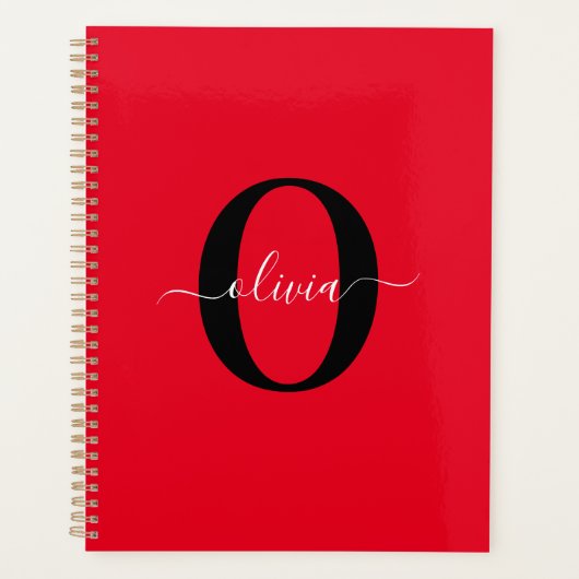 Aangepaste monogram scriptnaam rood zwart wit planner (Voorkant)