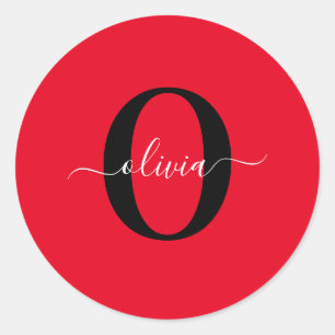 Aangepaste monogram scriptnaam rood zwart wit ronde sticker