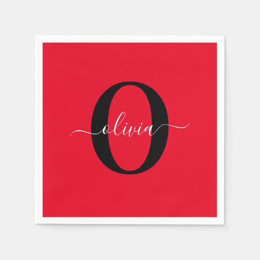 Aangepaste monogram scriptnaam rood zwart wit servet (Voorkant)