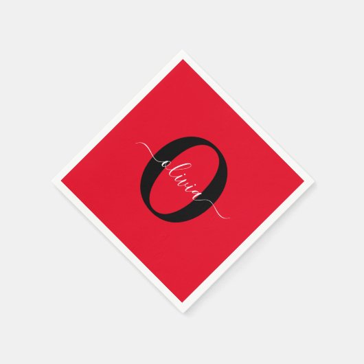 Aangepaste monogram scriptnaam rood zwart wit servet (Hoek)