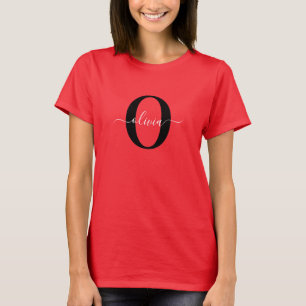 Aangepaste monogram scriptnaam rood zwart wit t-shirt