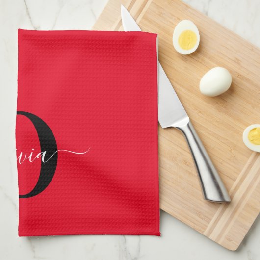 Aangepaste monogram scriptnaam rood zwart wit theedoek (Quarter Fold)