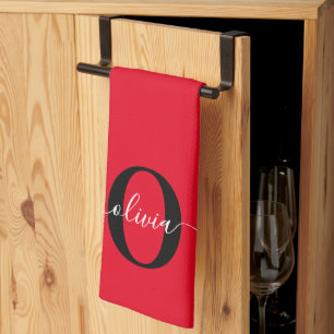 Aangepaste monogram scriptnaam rood zwart wit theedoek
