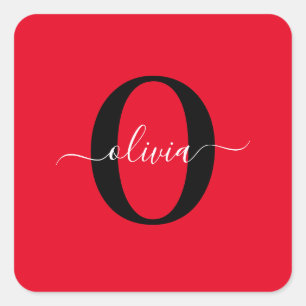 Aangepaste monogram scriptnaam rood zwart wit vierkante sticker