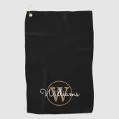 Aangepaste monogram scriptnaam zwart en goud golfhanddoek (Voorkant)